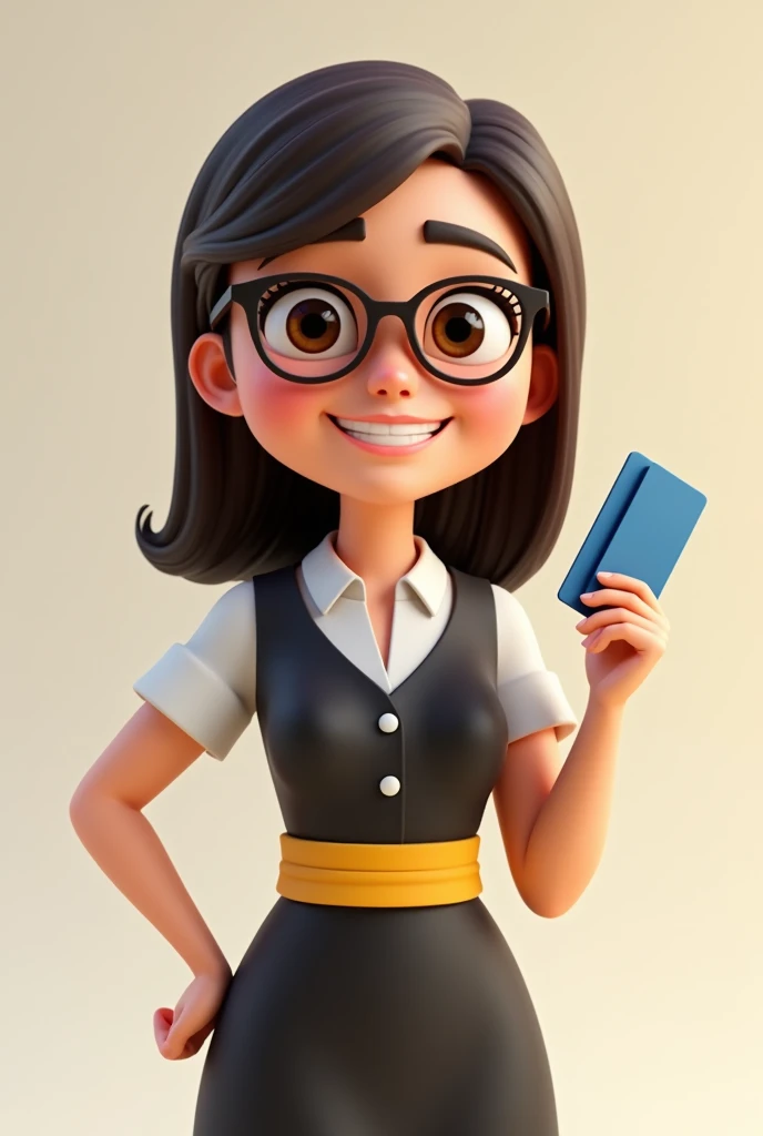 A full body 3D cartoon character. She has a friendly, charismatic appearance and is smiling. The character is a young woman with fair skin, straight dark brown hair, thick eyebrows, large brown eyes and wears glasses. His demeanor is cheerful.
The character is dressed formally, wearing a black dress with a yellow sash at the waist.
In one hand she is holding a credit card. The background of the image is neutral, which highlights the character even more.