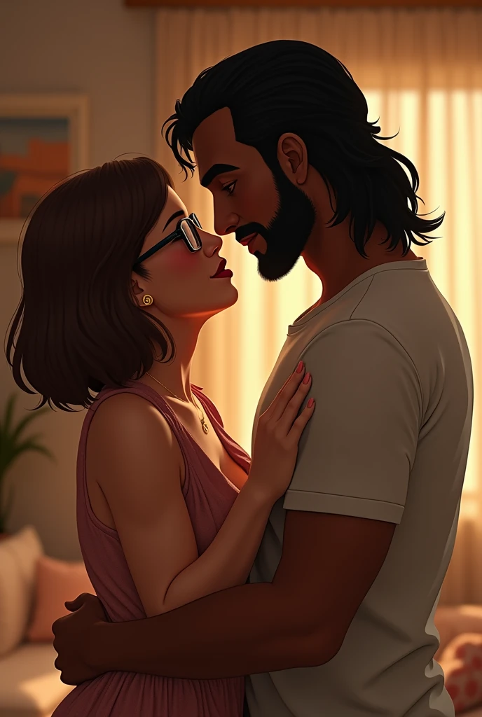A couple where the woman is white with brown short hair and glasses, a little fatter and the man from Colombia comes with thick mulet hair and brown skin