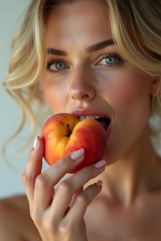 A very beautiful blonde woman in her 30s、looking straight ahead、With an erotic and sensual look、Looks delicious、is licking a peeled peach with his tongue with his mouth wide open。fund、Por favor, There are five fingers on a hand。9:In 16 sizes、highest quallity、a masterpiece, Por favor。