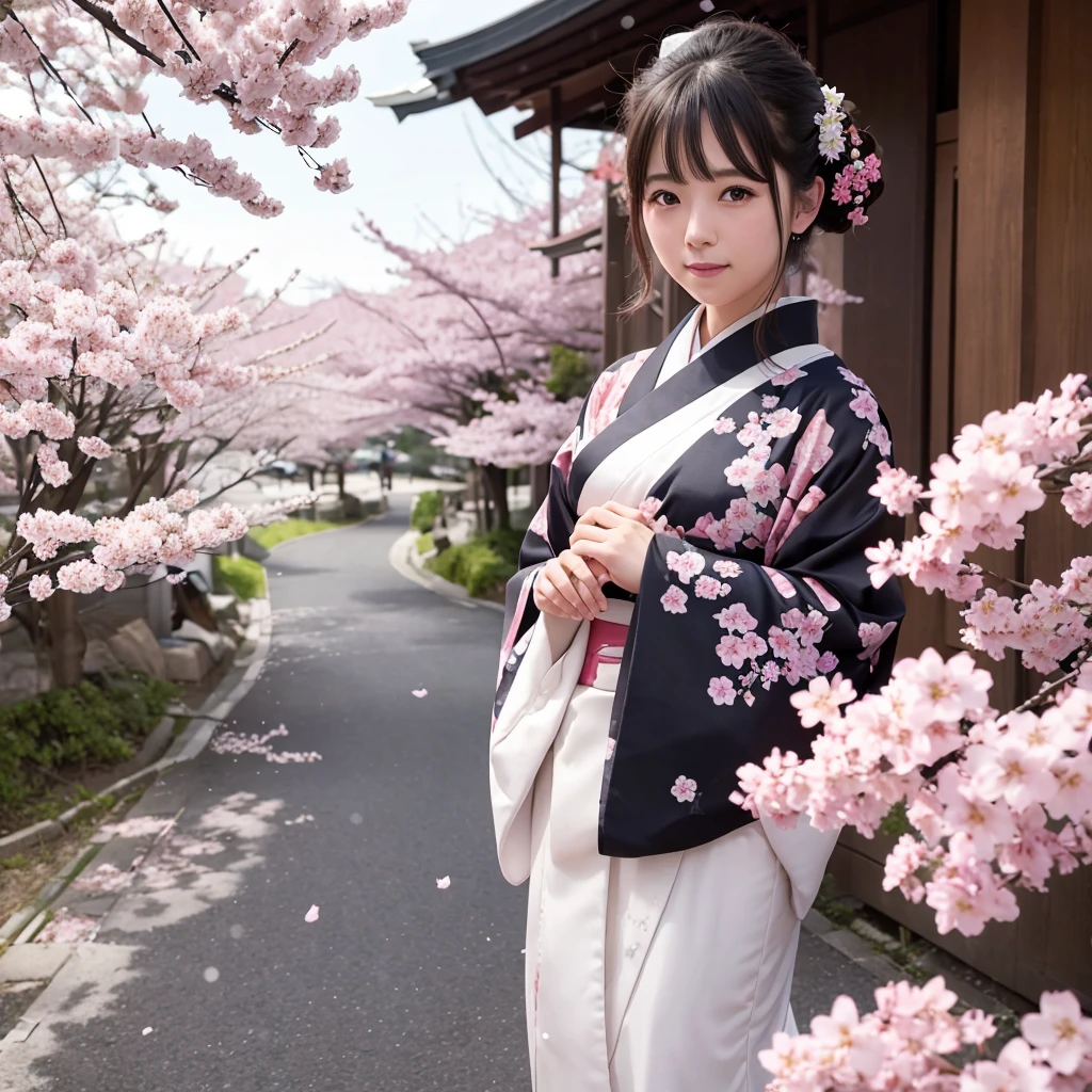 A beautiful woman in a kimono、A photo of the cherry blossoms falling like snow is moving to the viewer.