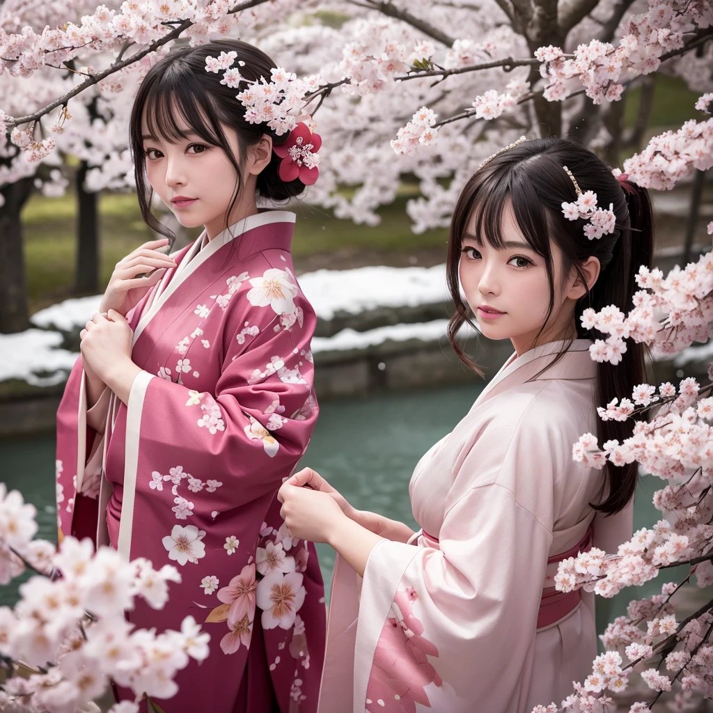 A beautiful woman in a kimono、A photo of the cherry blossoms falling like snow is moving to the viewer.