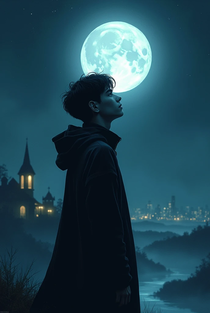 A sigma boy lokking moon in night
