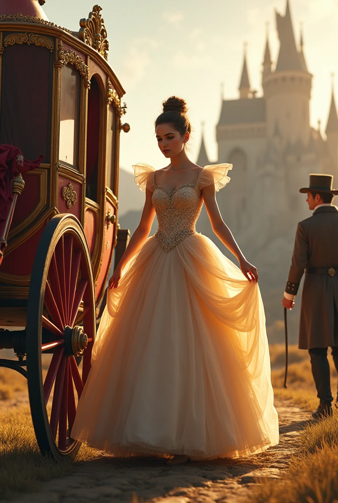 Cinderella wearing a beautiful gown, stepping into the carriage.