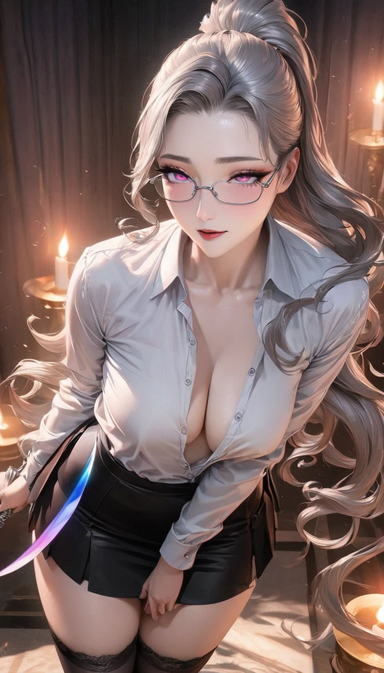 Intelligent beauty, glasses, platinum color messy wavy ponytail, forehead, (attractive and seductive) and (amorous and lewd) expression, pink eyes, make-up, glamorous proportions, wearing unbuttoned white shirt, tight black mini skirt, black stockings, iridescent rapier, background dim underground prison, candlelight room, (ultra detailed, absolutely resolution, best quality:1.3), 2.5D, delicate and dynamic effects, shading effects, contrast effects, artistic, hyper, graphic CG digital art