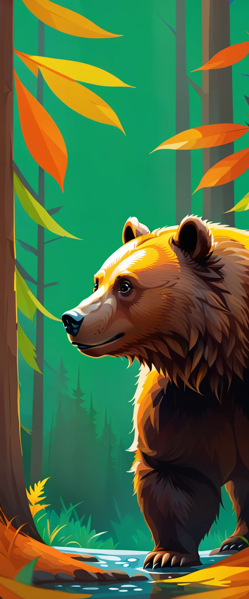 Brown bear vector art:1.5, ((masterpiece:1.4)). orange colors, yellow green:1.4,((imaginative scene))8k