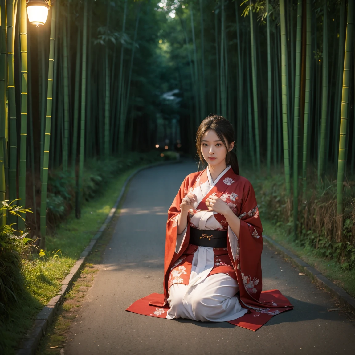 bamboo forest, ((masterpiece, best quality, Highest image quality, high resolution, Reality, RAW photos, 8K, Extremely detailed CG unified 8k wallpaper)), bamboo forest间的笔直道路, Lanterns lighting the ground, midnight with full moon, And a woman in a Japanese kimono standing in the middle of the road,Open,Sitting,