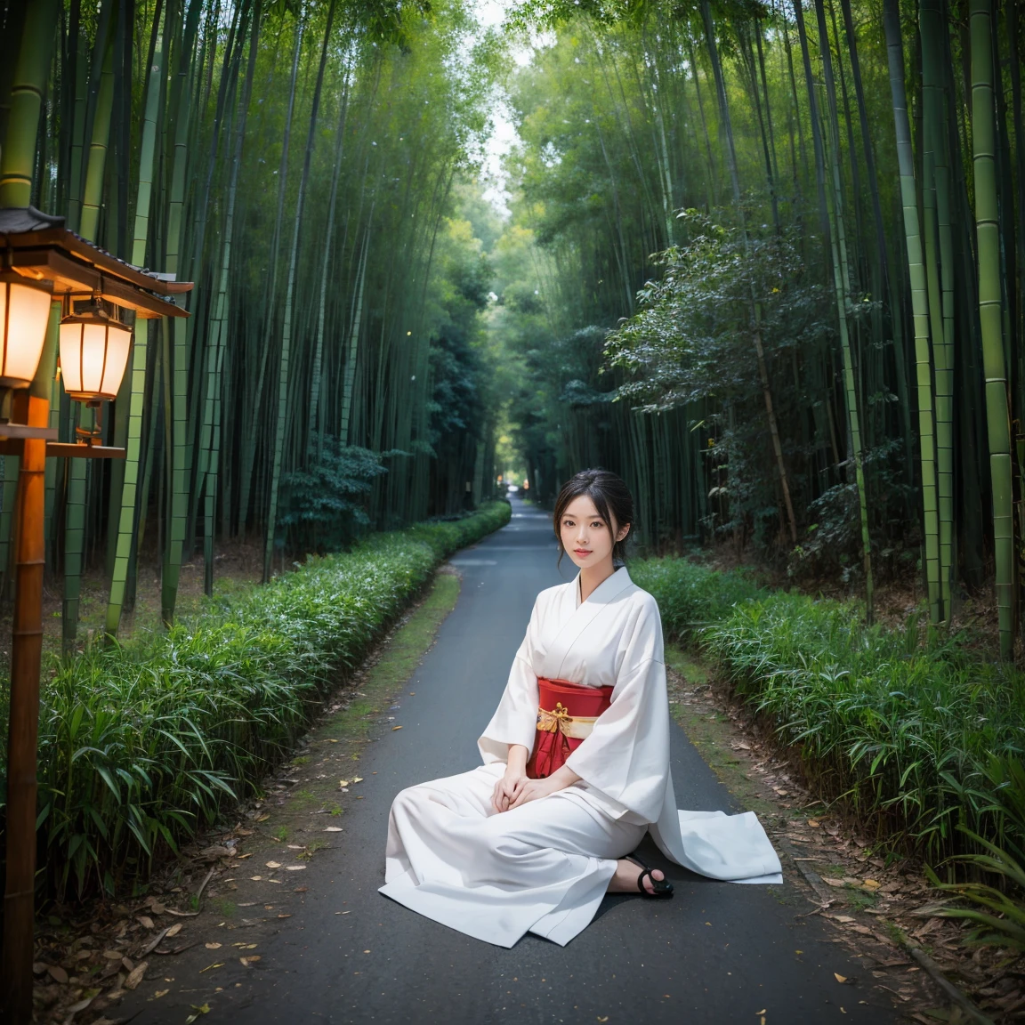 bamboo forest, ((masterpiece, best quality, Highest image quality, high resolution, Reality, RAW photos, 8K, Extremely detailed CG unified 8k wallpaper)), bamboo forest间的笔直道路, Lanterns lighting the ground, midnight with full moon, And a woman in a Japanese kimono standing in the middle of the road,Open,Sitting,