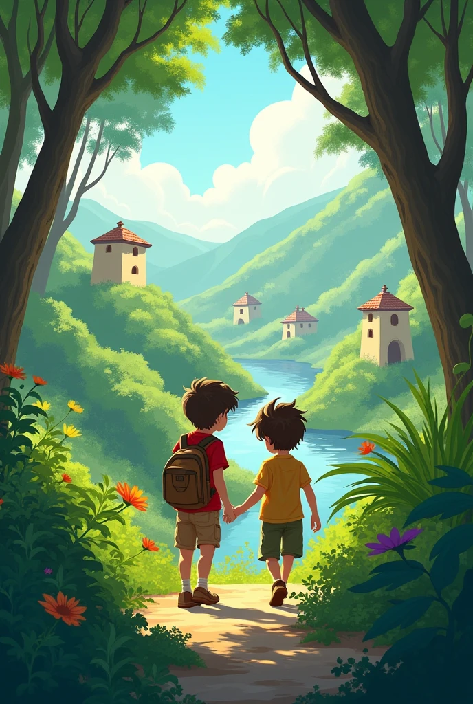 Two boys walking in a world of lush nature. Moares houses and a river.