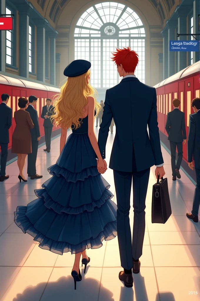 semirealism art anime art painting manhwa female long wavy blonde hair elegant navy blue ruffled dress large beret blue shoes walking hand in hand couple male suit red hair aerial perspective train station