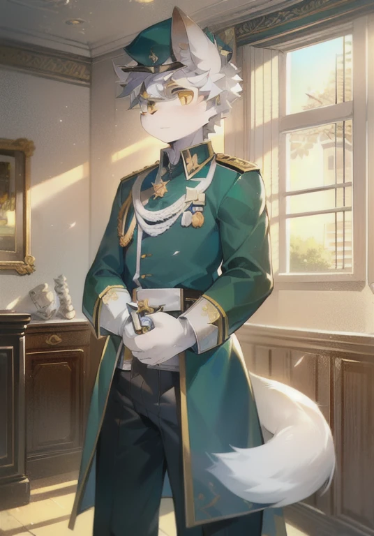 White male cat，boys，Handsome，Silver Hair，Detailed background，，Golden Eyes，military uniform，Wearing a lot of medals，serious，Wearing a military cap，Saber in hand，In the meeting room，Detailed background