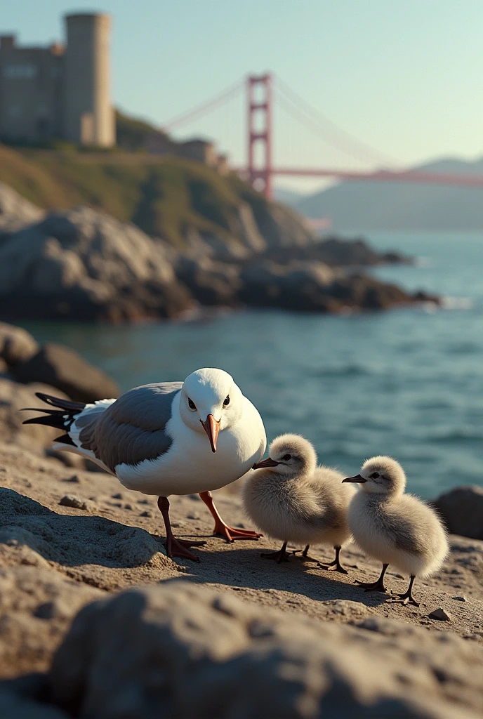 1 alcatraz feeding her 3 chicks