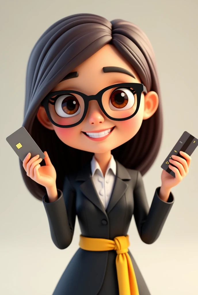 A full body 3D cartoon character. She has a friendly, charismatic appearance and is smiling. The character is a young woman with fair skin, straight dark brown hair, thick eyebrows, large brown eyes and wears glasses. His demeanor is cheerful.
The character is dressed formally, wearing a black dress with a yellow sash at the waist.
In one hand she is holding a credit card. The background of the image is neutral, which highlights the character even more.