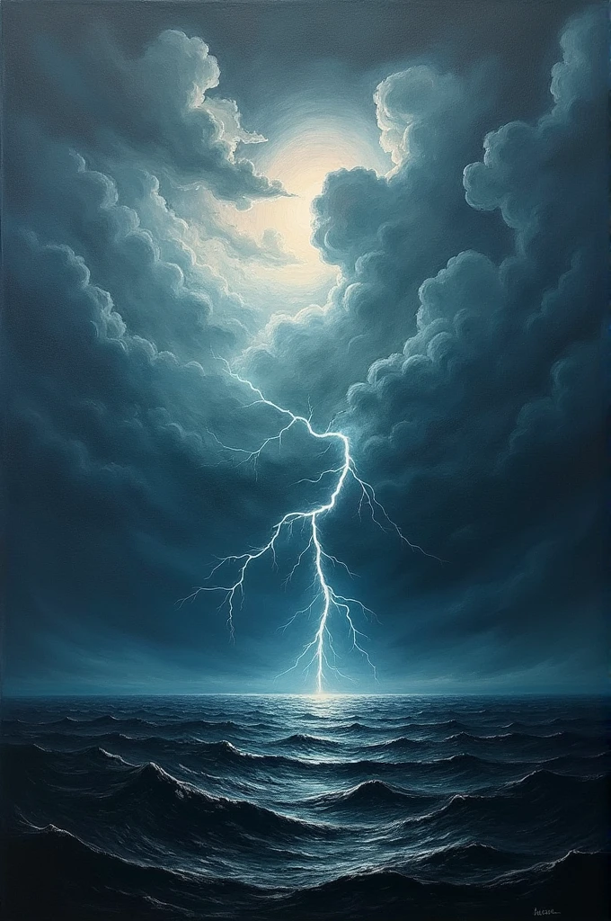 A rough oil painting of a stormy sky full of lightning and a sea of no waves