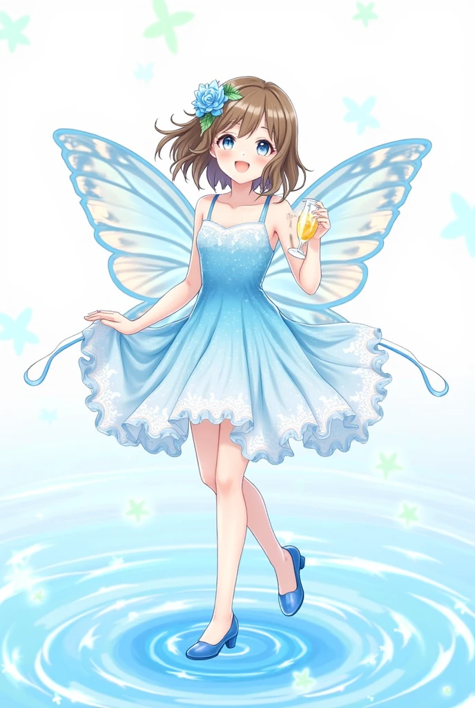 1 girl, transparent water, blue butterfly, saia de gaze pure branch, sparkling wine
