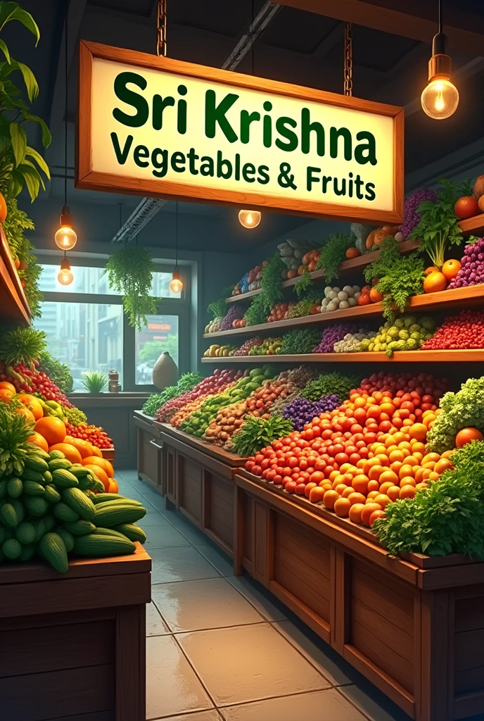 Create image of vegetables and fruits then add name on the top,sri Krishna vegetables & fruits  
Create realistic image of shop 