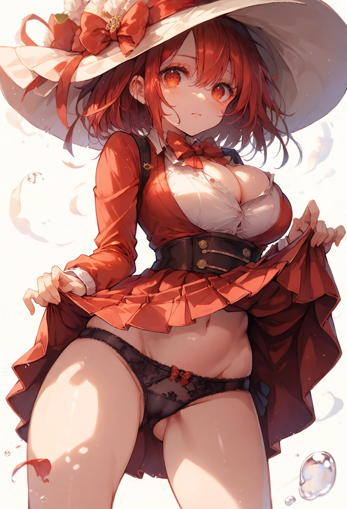 image is a large anime girl wearing a very short skirt and top, 1girl, breasts, solo, panties, underwear, looking at viewer, black panties, large breasts, skirt, cleavage, bow, thighs, clothes lift, red eyes, red hair, red skirt, bangs, skirt lift, ass visible through thighs, long sleeves, bowtie, lifted by self, red bow