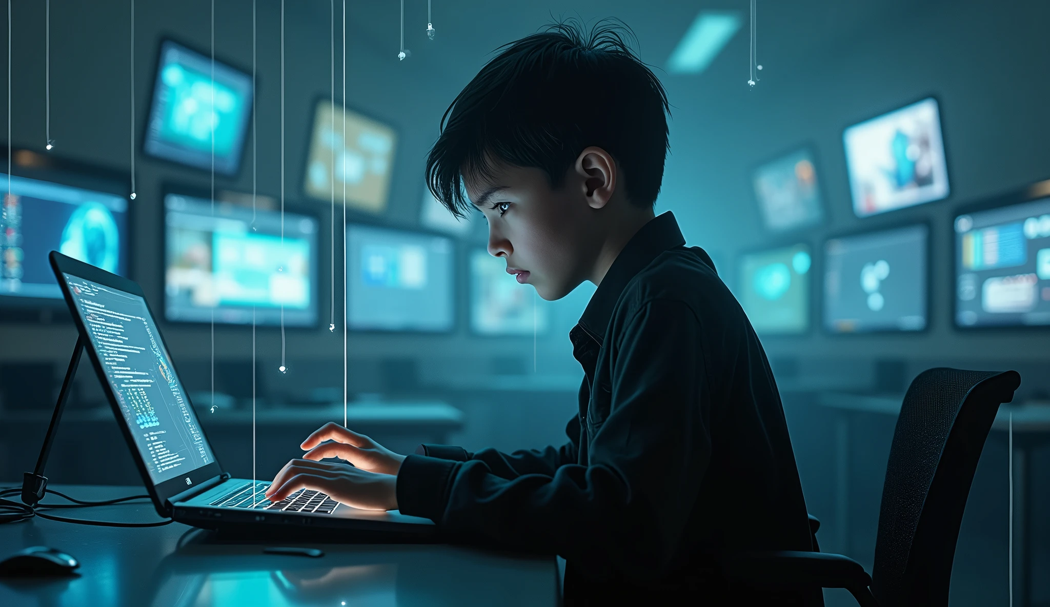 A boy sitting controlling a youtube with his threads and in background have many monitors.  A subtle power that dominates the minds of his audience. Make it more dominanting 