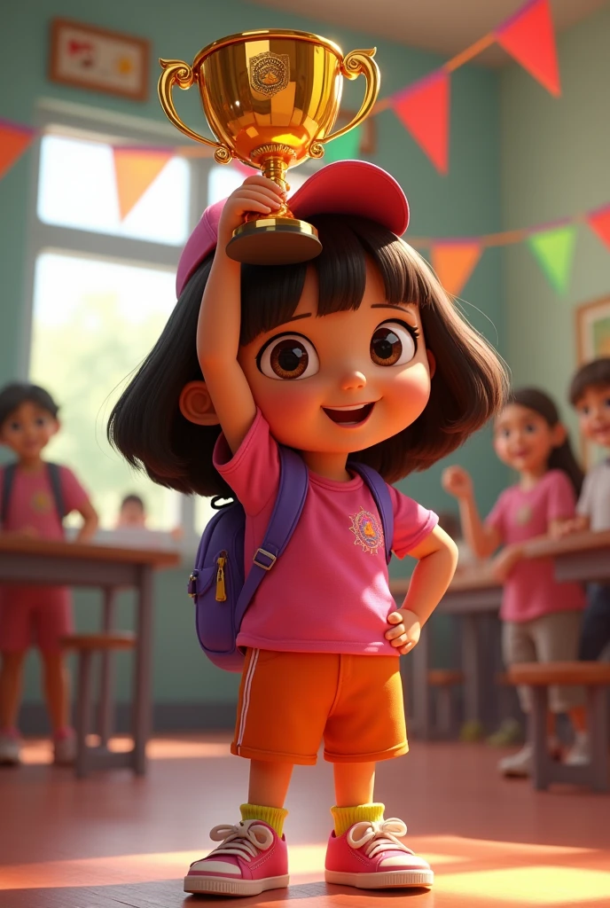 Dora holding trophy