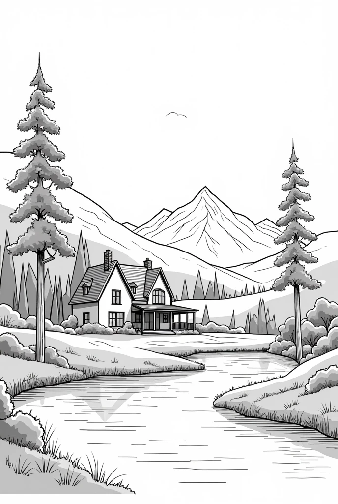 Landscape with a country house, trees, a river, mountains in the background, only outline of the drawing, black and white
