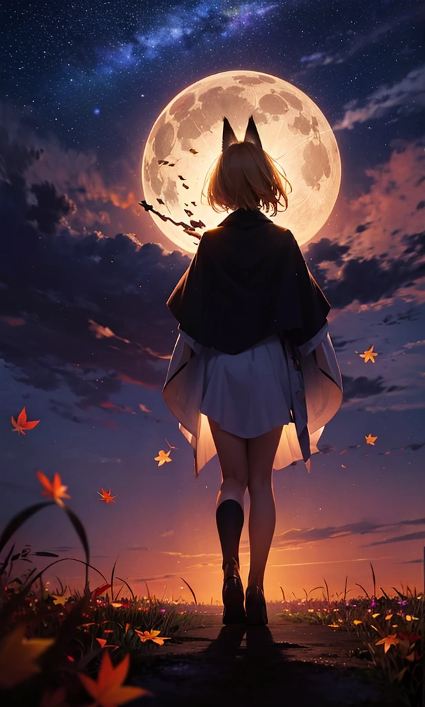 1people々々々々々々々々,Woman with medium length blonde hair,Fox Ears,Long coat,Takageta, Dress Silhouette, Rear View,Space Sky, Full moon background,Locomotive in the distance,Flower Field,Colorful flowers,Dancing Petals,autumn,autumn leaves,