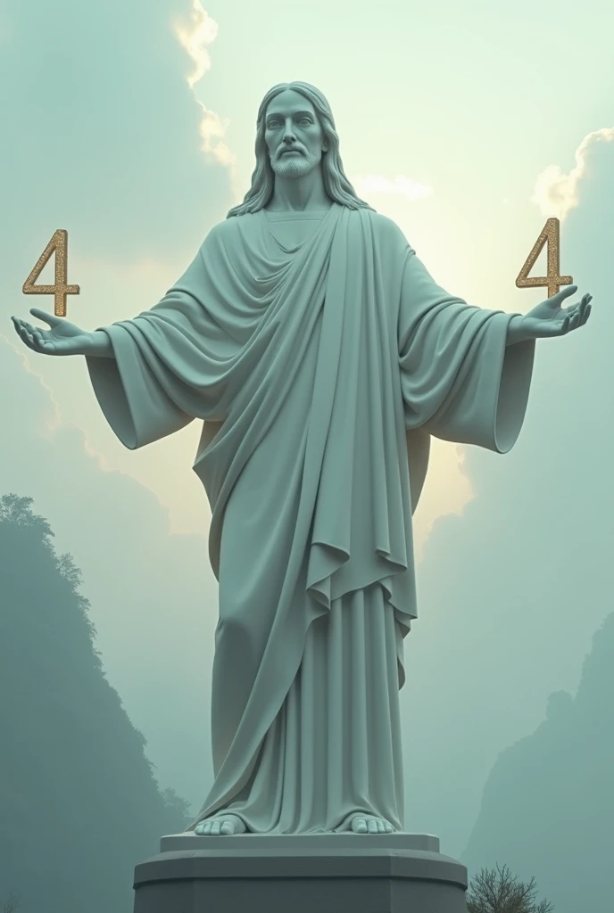 Create an image with the image of the statue of Christ the Redeemer in each hand the number 4 in allusion to the age 44