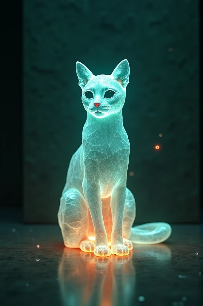 A transparent cat in diamond shape in a dark room and teal and orange light reflect on it