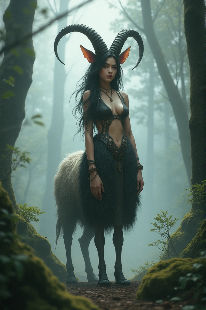 This image depicts a fictional creature with the upper body of a Thai woman and the lower body of a goat, against a backdrop of fog and trees.