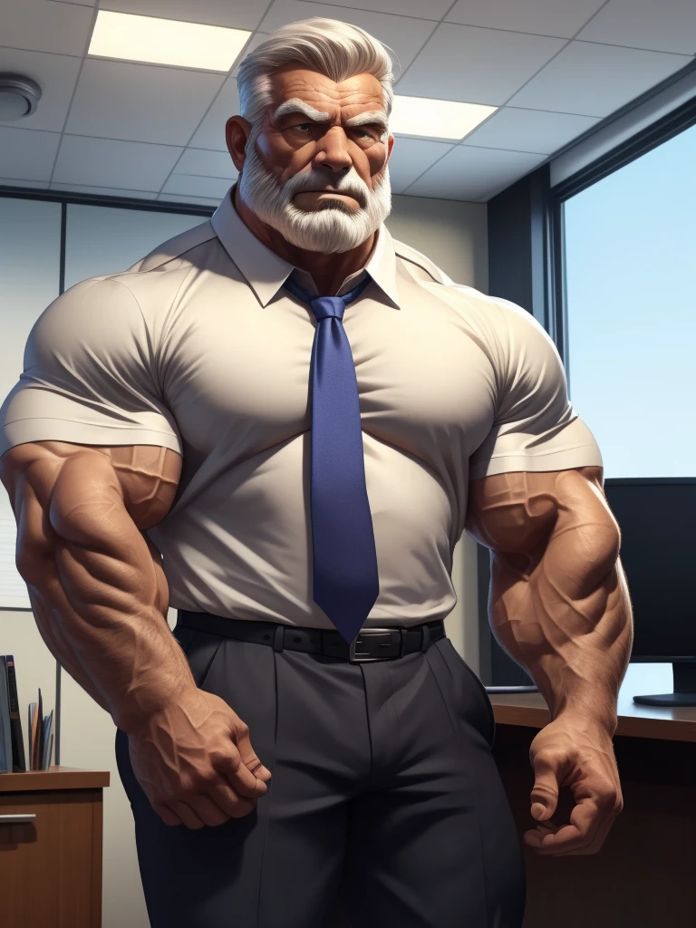 a muscular old man with a beard, no mustache, wearing a shirt, necktie, massive muscular, thick arms, pectoral, standing in office, (best quality,4k,8k,highres,masterpiece:1.2),ultra-detailed,,detailed wrinkles,detailed facial features,detailed texture, half body, halfbody