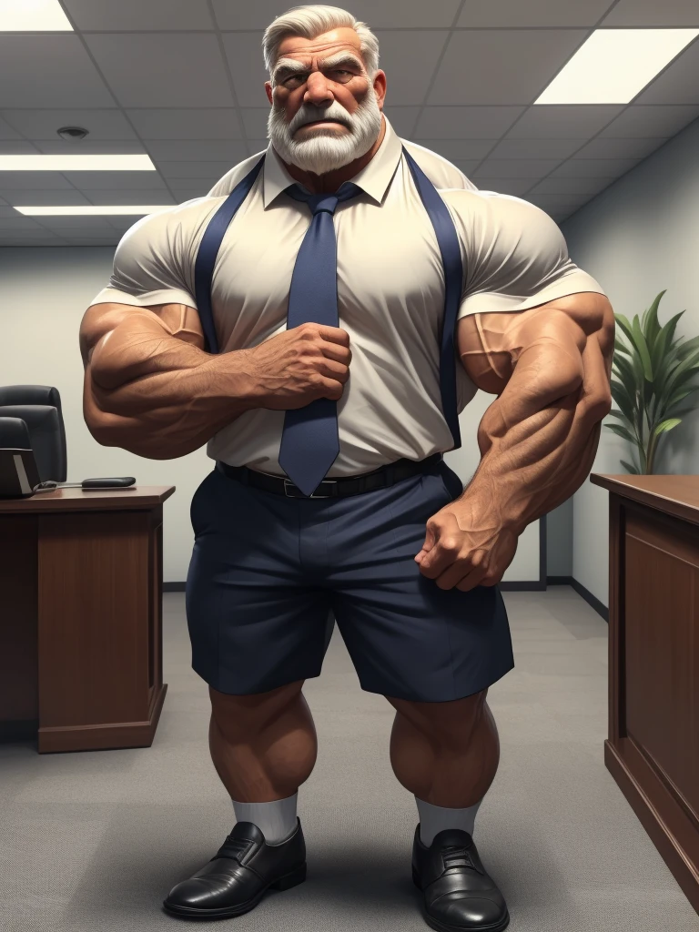 a muscular old man with a beard, no mustache, wearing a shirt, necktie, massive muscular, thick arms, pectoral, standing in office, (best quality,4k,8k,highres,masterpiece:1.2),ultra-detailed,,detailed wrinkles,detailed facial features,detailed texture, half body, halfbody