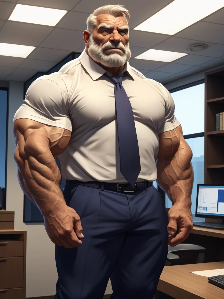 a muscular old man with a beard, no mustache, wearing a shirt, necktie, massive muscular, thick arms, pectoral, standing in office, (best quality,4k,8k,highres,masterpiece:1.2),ultra-detailed,,detailed wrinkles,detailed facial features,detailed texture, half body, halfbody