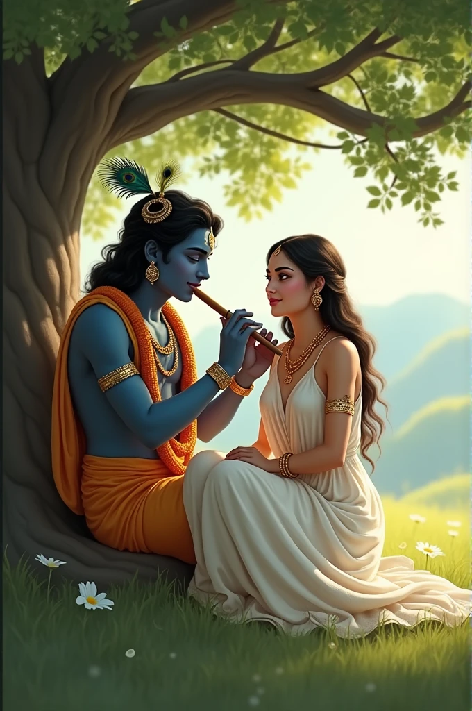 Generate a pic with Lord krishna and a girl wearing white dress and has a name on the dress is... Honey. They both sitting down the tree and lord krishna is singing a song with his flute