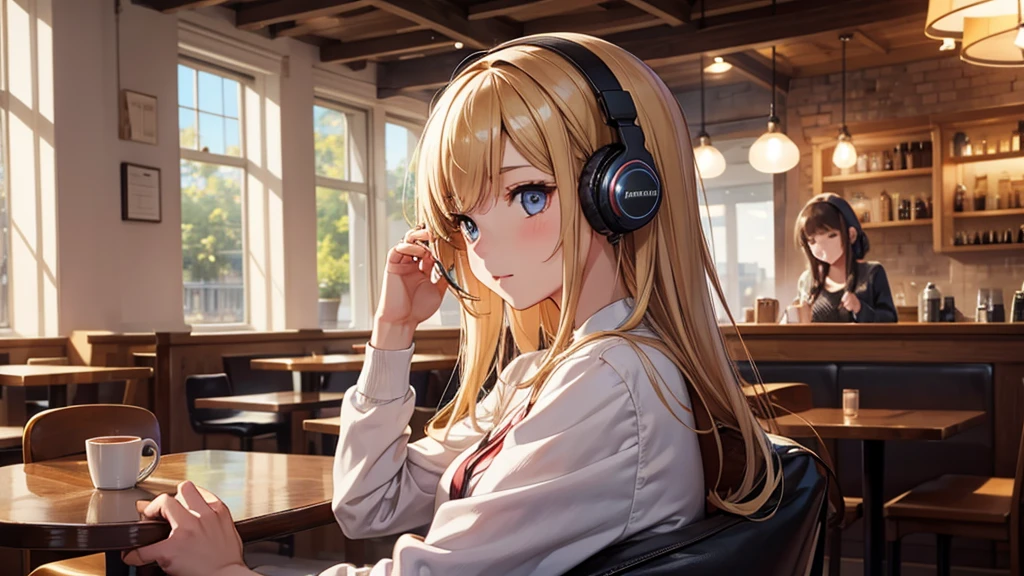 Girl with headphones enjoying music in a cafe I am studying Emphasize a little bit of the chest