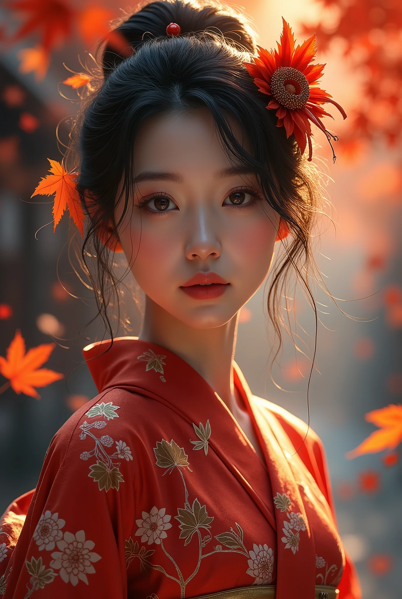 (masterpiece,Highest quality:1.4),(8k,RAW Photos,Photorealistic:1.4),Ultra-high resolution, ,(Glowing Skin:1.4),Detailed肌,Detailed顔,Detailed目,(Beautiful and shining eyes:1.2),Symmetrical eyes,Detailed耳,One person,Natural Makeup,(((Idol))),,Detailed背景,Vivid background,Beautiful and shiny hair,,((Average teenage breasts)),,(Detailed Sexy Japanese kimono with maple leaf pattern,,Maple leaves falling background,mysterious,whole body),,((Sharp Face)),Natural light,,(Very detailed ,,online shopping,LUMINE® Market,),real,,Professional,(Detailed,Location was great.),