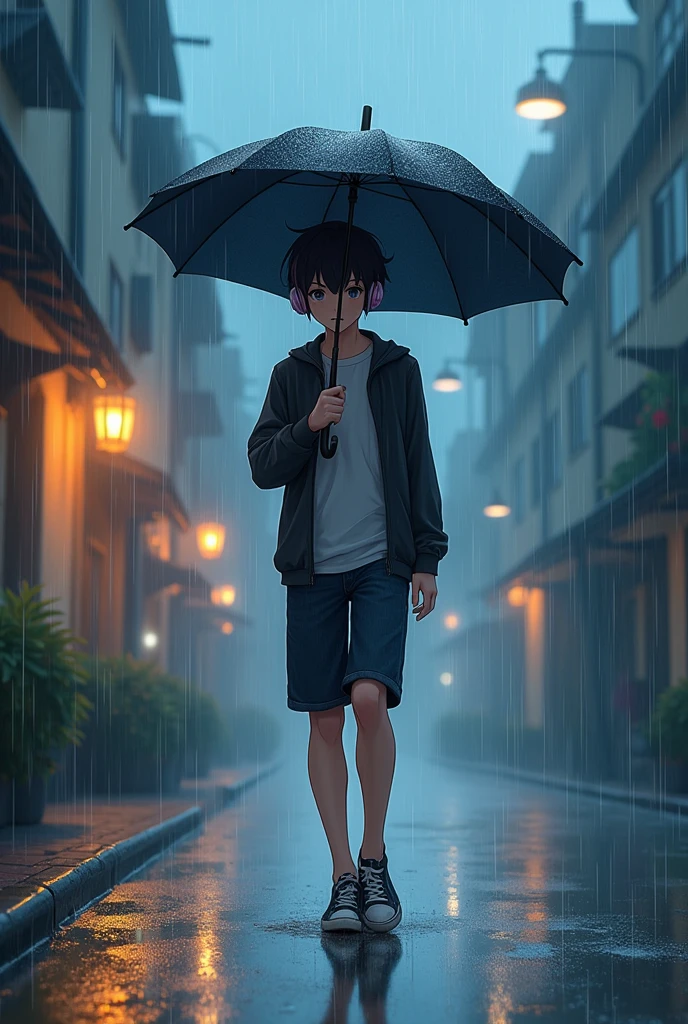 Anime boy with headphone in rain with umbrella