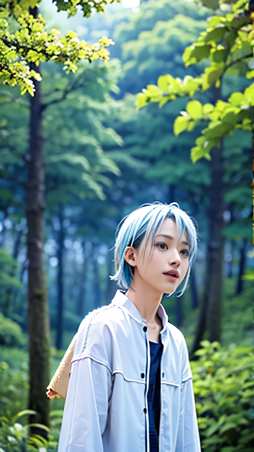 Rimuru Tempest、Real、Upper Body、scenery、forest、Real、smile、White skin、Masterpiece、No matter how high quality、Cloudy、Beautiful Boy、Looking up at the sky、Beautiful Men、