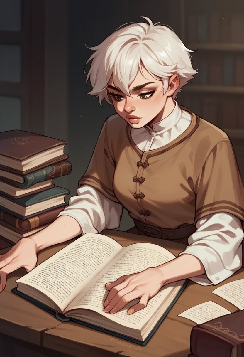 Woman with short white hair, thick lips, sitting at a white table, reading a book, brown clothes