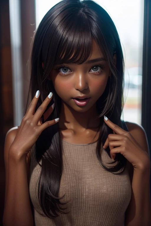 one girl, (((Open your mouth)))、Put your hand over your mouth、Beautiful 、 Brown eyes, ((Gal Hairstyles)) blonde, girl, (Eye and facial details:1.0), break, (masterpiece, Highest quality, Very detailed, Detailed face, 8k),( dark skin:1.95 )