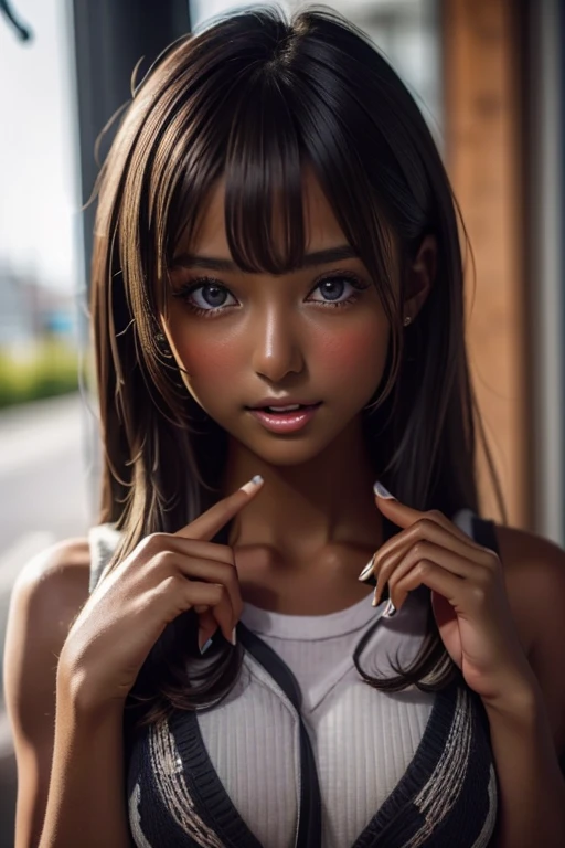 one girl, (((Open your mouth)))、Put your hand over your mouth、Beautiful breasts、 Brown eyes, ((Gal Hairstyles)) blonde, girl, (Eye and facial details:1.0), break, (masterpiece, Highest quality, Very detailed, Detailed face, 8k),( dark skin:1.95 )