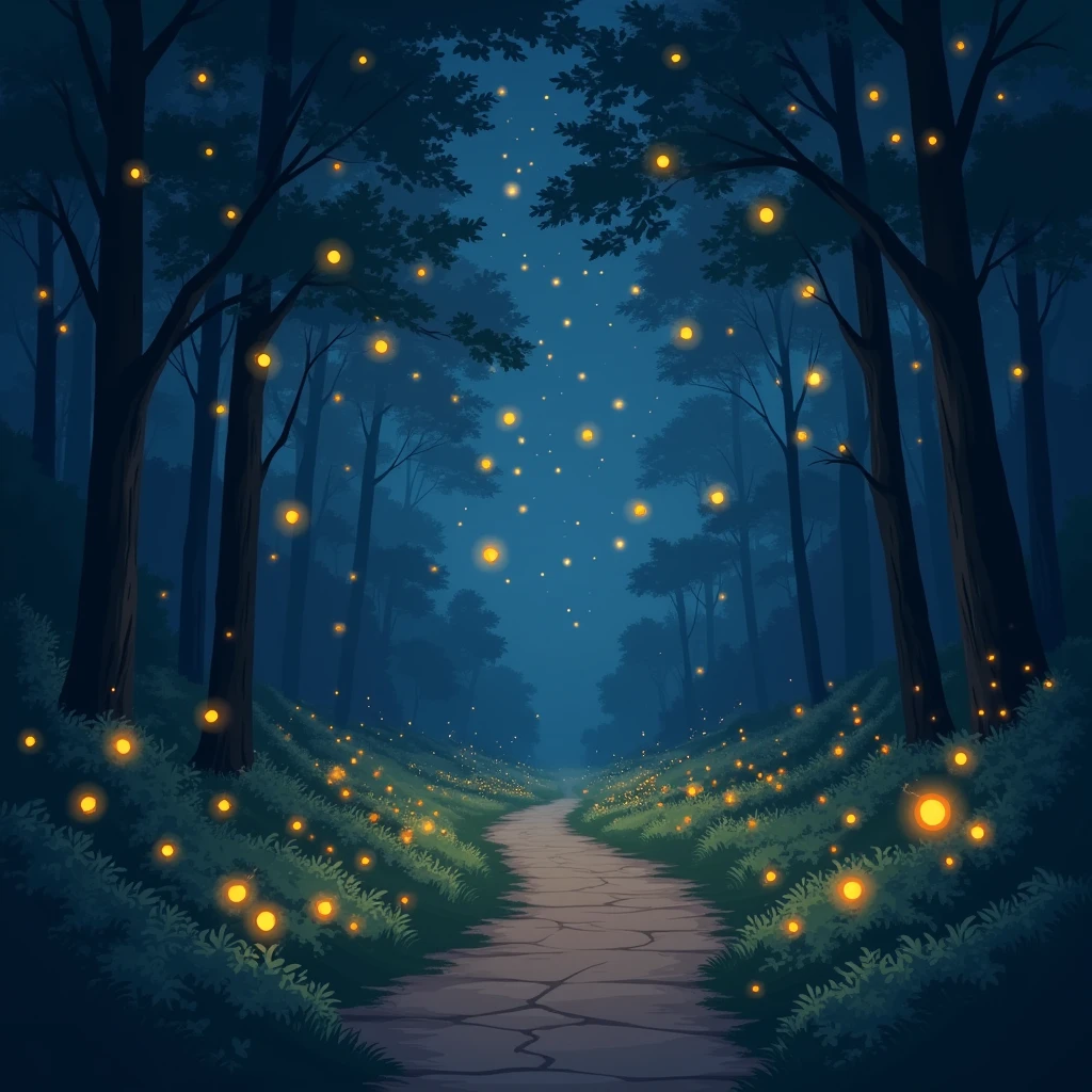fire Fly flying in the night sky above a forest path, fire Fly and sparkling wisps, magical forest with fire Fly, glowing fire Fly, fire Fly!!!!, 夜のfire Flyの森, fire Fly!!, cozy night fire Fly, fire Fly around, fire Fly glowing, fire Fly flying in the forest, fire Fly flying around, fire Fly