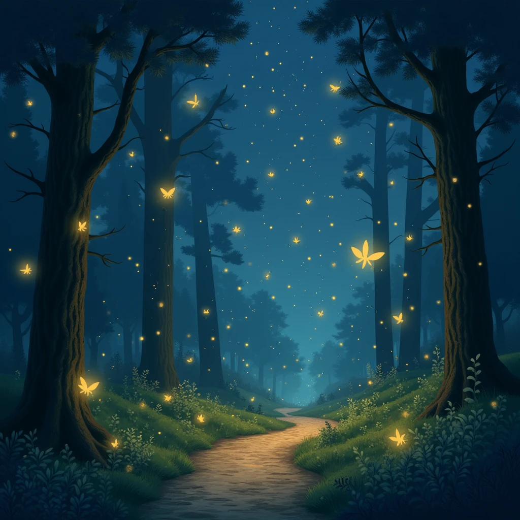 fire Fly flying in the night sky above a forest path, fire Fly and sparkling wisps, magical forest with fire Fly, glowing fire Fly, fire Fly!!!!, 夜のfire Flyの森, fire Fly!!, cozy night fire Fly, fire Fly around, fire Fly glowing, fire Fly flying in the forest, fire Fly flying around, fire Fly