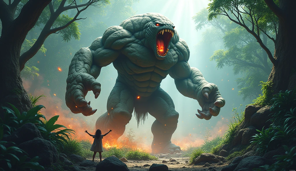 masterpiece,Super cool magical creatures,((Dynamic jump))giant made of stone,roar,Violent and cruel,Tall and mighty,petrified skin,thick limbs,Fighting in the jungle,fighting,Random light and shadow,Glowing special effects,minimalist style,crap,(full body portrait:1.4),European and American fantasy style,Perfect,,highlight,bright colorful shades,Ink background,OC renderer,best picture quality,high resolution,dynamic perspective