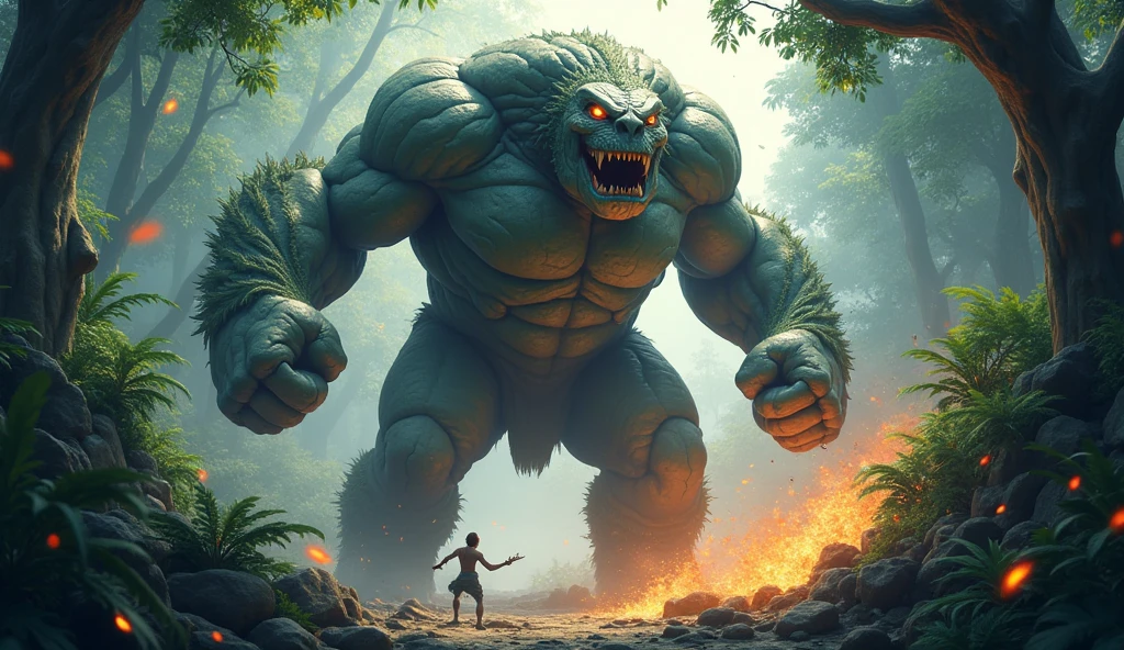 masterpiece,Super cool magical creatures,((Dynamic jump))giant made of stone,roar,Violent and cruel,Tall and mighty,petrified skin,thick limbs,Fighting in the jungle,fighting,Random light and shadow,Glowing special effects,minimalist style,crap,(full body portrait:1.4),European and American fantasy style,Perfect,,highlight,bright colorful shades,Ink background,OC renderer,best picture quality,high resolution,dynamic perspective