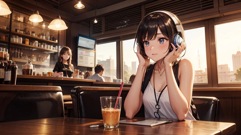 Girl with headphones enjoying music in a cafe I am studying Emphasize a little bit of the chest