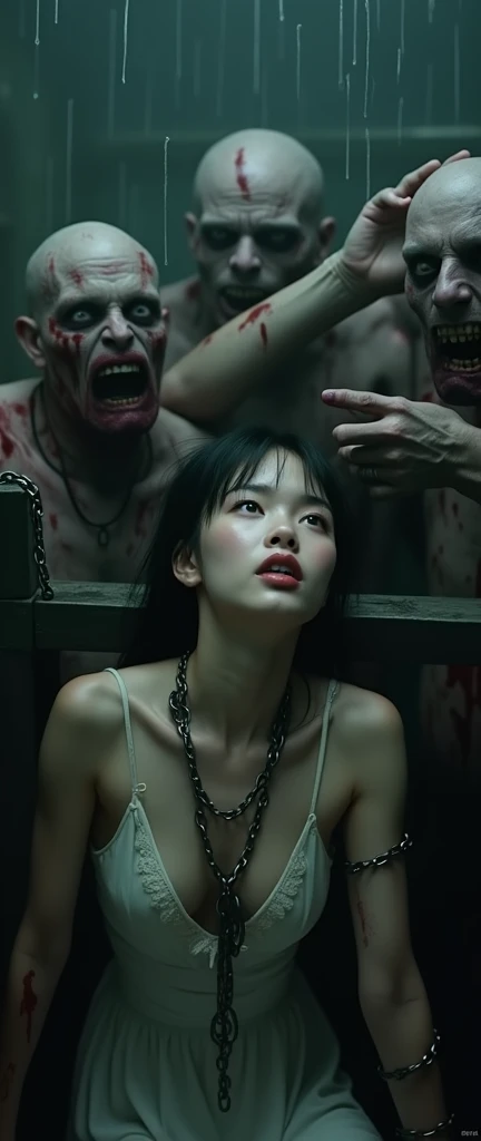 (32K:1.9, Horror expression:1.9, Highest quality, masterpiece, Ultra-high resolution), Professional random camera work, Perfect dynamic composition, Highly detailed skin and facial textures, Detailed eyes, Detailed limbs, (The Darkest Dungeon:1.3), cute, Sexy and slim Japanese woman:1.2, Fair skin, Tilt your head, (5 Zombies:1.7, Zombie touching a woman:2.0, Raindrops falling from the ceiling:1.5), (Breasts so big that they almost burst, areola is not visible, Big cleavage, A look of despair:1.3, Expression of despair:1.3, Totally captivates you, Pure white camisole dress:1.5), Beautiful Blue Eyes, Beautiful erotic eyes, Sexy Face, blush, Beautiful sensual atmosphere, ((Bloody:2.0, Covered in bruises:2.0, Bruises on the face:2.0, Lots of big chains:1.9, Crucified:1.9, Countless chains tangled in clothes:1.9, His right arm is attached to a cross:1.9, The left arm is attached to a cross:1.9, Both hands are chained、Tied tightly to the cross, The right leg is bound with a shackle and chain:1.9, The left leg is bound with a shackle and chain:1.9)), (Too erotic)