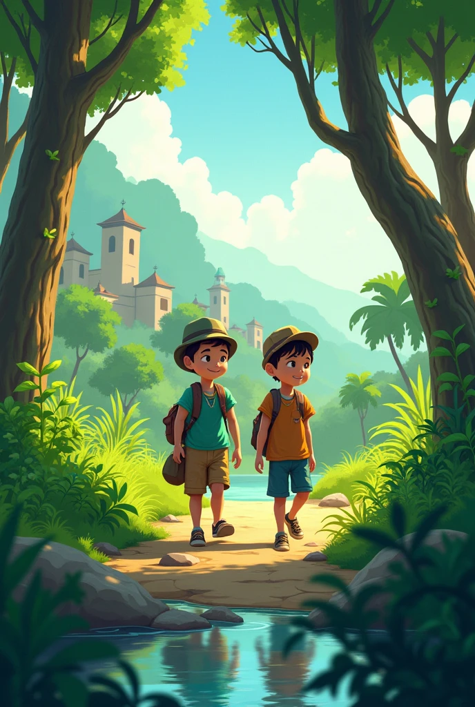 Two boys walking in a world of lush nature. Moares houses and a river.