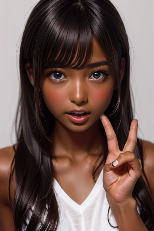 one girl, (((Open your mouth)))、Put your hand over your mouth、Beautiful breasts、 Brown eyes, ((Gal Hairstyles)) blonde, girl, (Eye and facial details:1.0), break, (masterpiece, Highest quality, Very detailed, Detailed face, 8k),( dark skin:1.95 )
