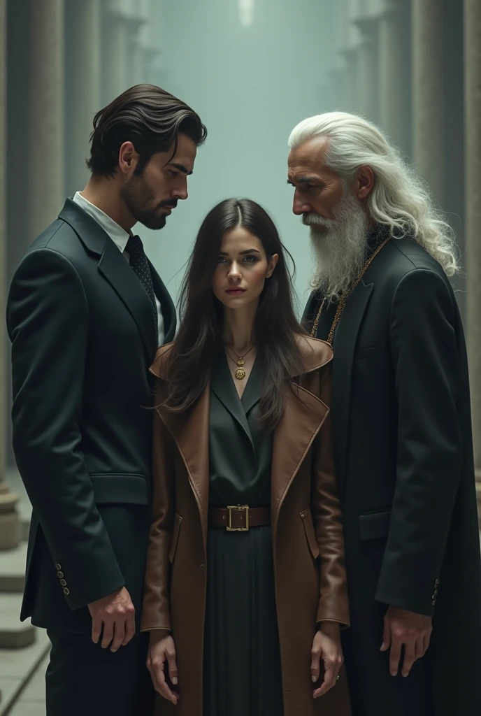A woman between two men, One of them has long white hair., The other one is dark and tall with black hair, She is of average height while they are almost two meters tall