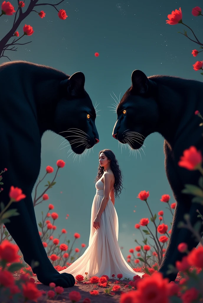 two beautiful and mysterious black panthers staring at each other with a piercing gaze one night. in the middle of them, Aphrodite, the mythological goddess of beauty and love. quero que Aphrodite esteja em sua versão mais intensa, passionate, sensuous, angelic and charismatic! quero Aphrodite em sua versão original, looking mythological even. quero que Aphrodite esteja acariciando as panteras e quero as panteras bem penetrantes, but looking forward. I want there to be red roses and red tulips scattered in the air, but mainly on the floor. tanto Aphrodite quanto as panteras precisam estar numa versão mais intimidadora. Aphrodite e as panteras tem que estar de pé. Aphrodite tem que estar com cabelos castanhos escuros e lisos, brown dark eyes, rosy cheek and red mouth. Aphrodite tem que estar com unhas vermelhas. as panteras tem que estar olhando para o mesmo lugar que Aphrodite olha. the image has to exude mystery, grandeur and sweetness at the same time. Aphrodite tem que estar de roupa branca e a noite tem que estar escura e estrelada. Aphrodite tem que estar atrás das panteras de alguma forma que ela apareça entre elas mas tenha uma presença marcante. Aphrodite tem que estar de roupa branca, simple and delicate, típica das deusas do Olimpo mas que de alguma forma seja sensuous. the panthers have to take up most of the image.

