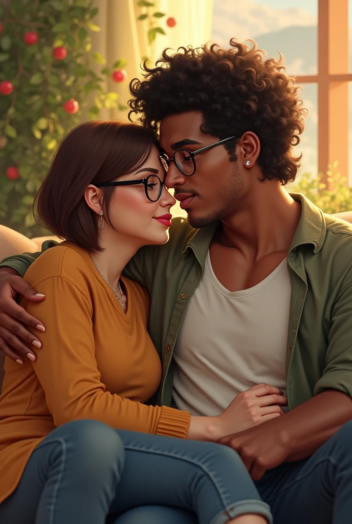A couple where the woman is white with brown short hair and glasses, a little fatter and the man from Colombia comes with curly mulet hair and brown skin and big lips