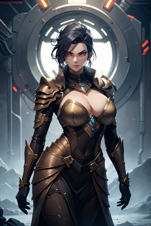 An epic and visually stunning digital artwork featuring a mid-30's masculine female with an angular facial structure and a flat masculine chest. The character is adorned in a heavy diesel punk style with a heavy metal aesthetic, wearing eyeshadow for added intrigue. The image showcases the beauty and elegance of the character, who is wearing mechanical armor plating. The character has bright piercing orange eyes that stand out against their pure white armor plating. The armor is gorgeously engraved and resembles an armored trench coat. The character also possesses androgynous features, with mechanical muscled arms adding to their unique appearance.